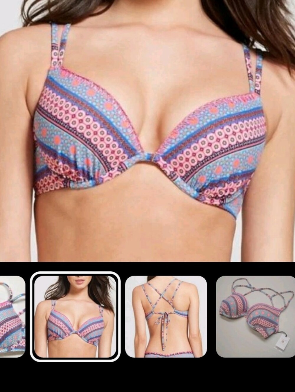 Colorful Shade & SHORE  GEOMETRIC Bikini top with embroidery center 36C Pushup